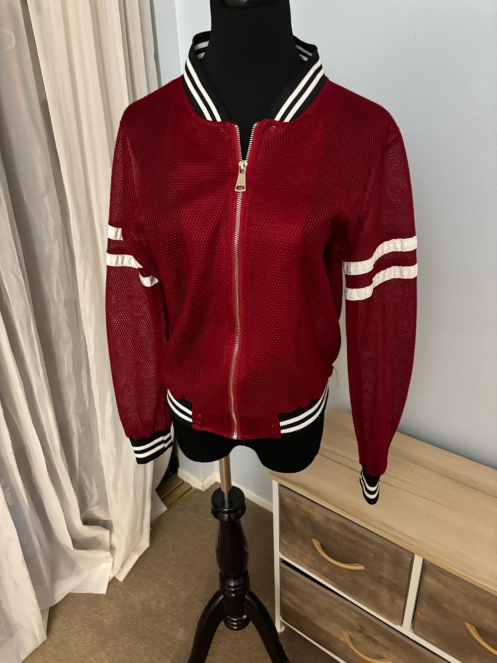 Red Mesh Bomber Jacket with Striped Trim